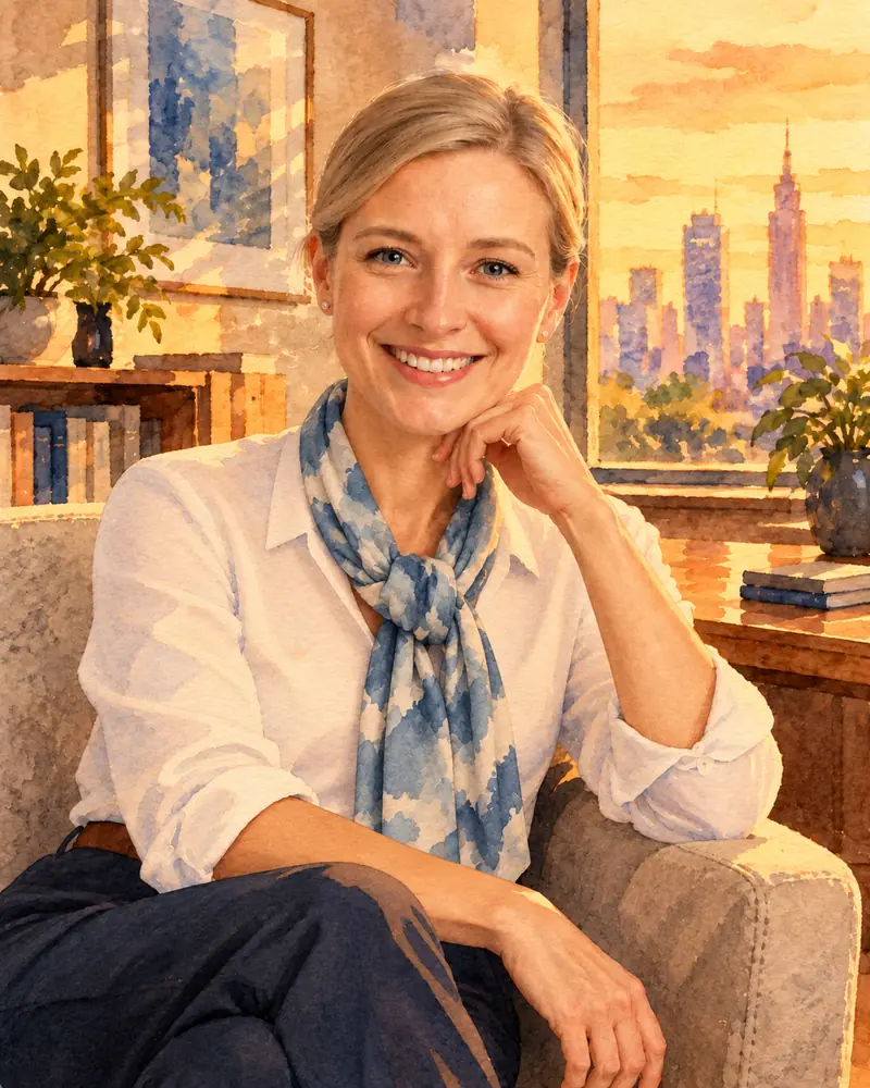Watercolour illustration: a smiling manager with fair hair pulled back and a blue patterned scarf over a white shirt, seated in an armchair with her chin on her hand, a city skyline at sunset in the window behind her.