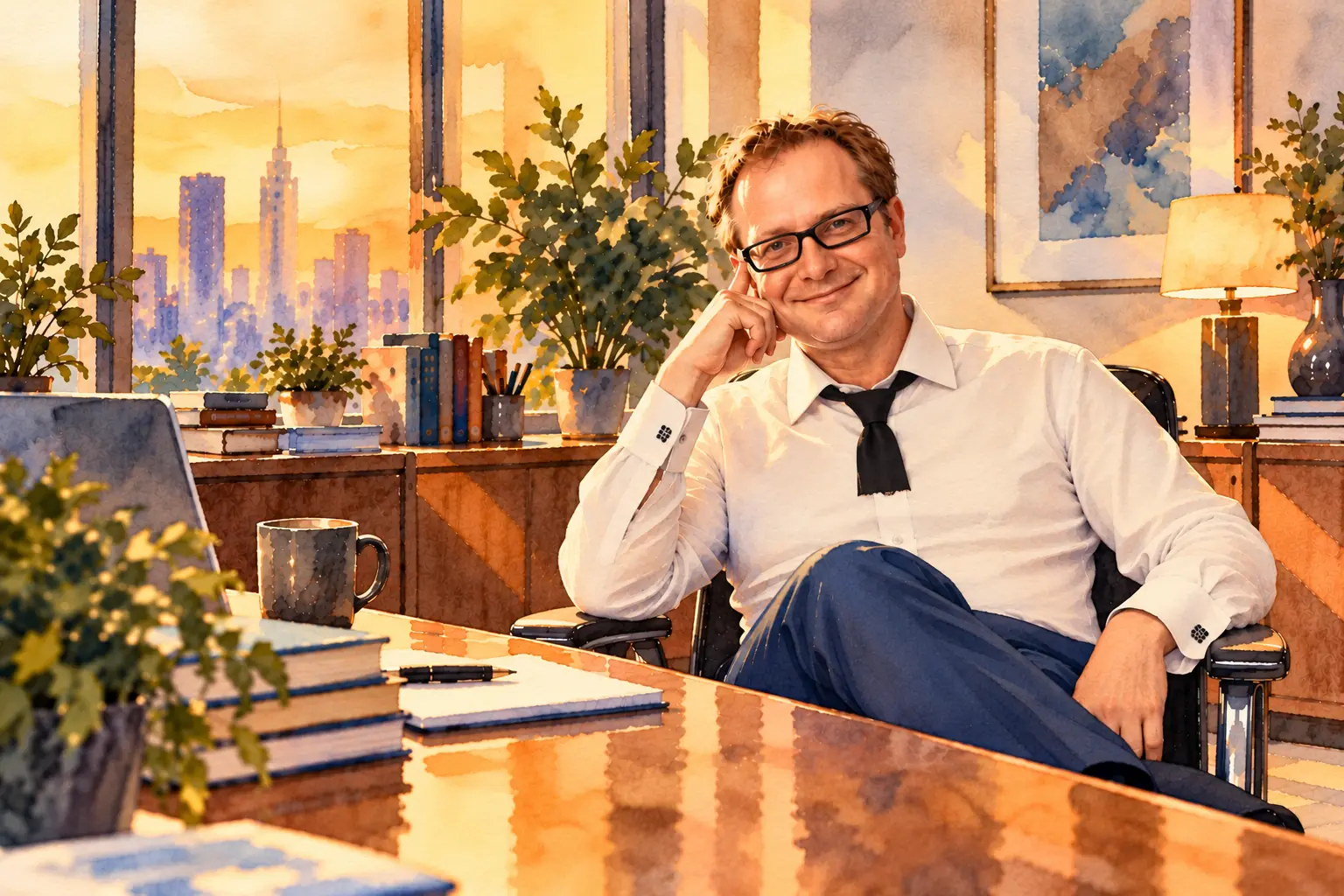 Watercolour of Isard Haasakker in glasses and a white shirt, his black tie cut off short below the knot, smiling with a finger to his temple as he leans back in his chair at a polished desk with books, a notebook and a coffee mug, a city skyline at golden hour in the window behind him.